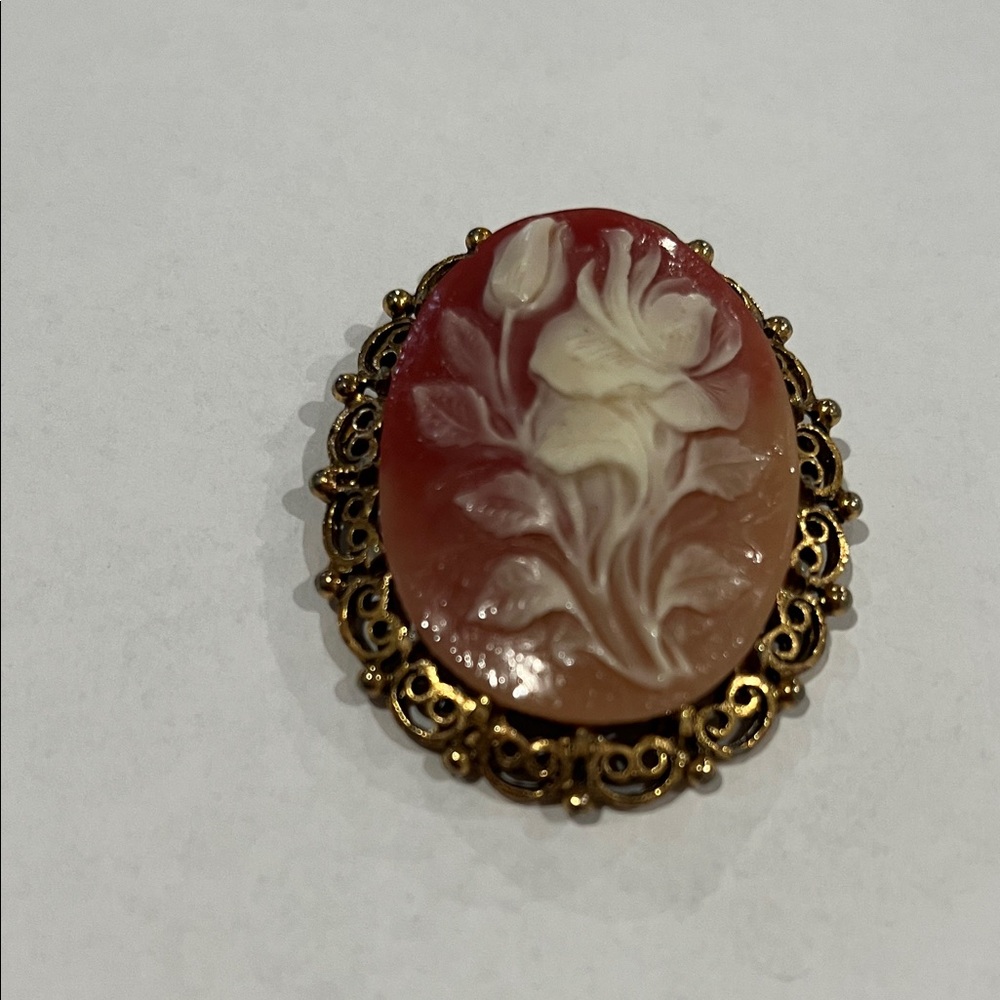 Elegant Gold and Red Cameo Brooch